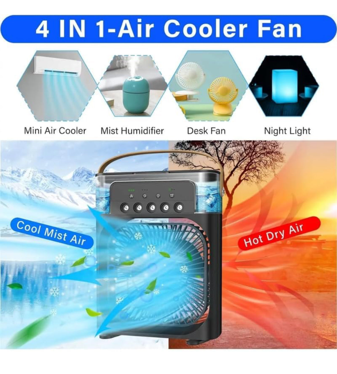 Portable Air Conditioner Cooler, Mini Evaporative Cooler with 7 Colors LED Light, 1/2/3 H Timer, 3 Wind Speeds and 3 Spray Modes for Your Desk